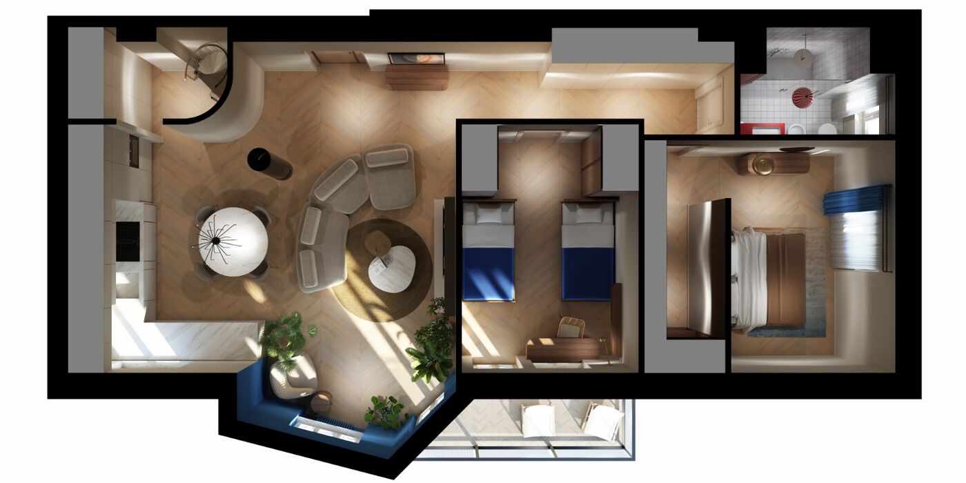 Render del progetto di Via Pieve di Cadore: pianta arredata vista dall'alto